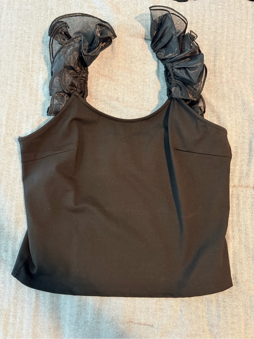 Anthropologie Black Tank Top with Sheer Ruffled Straps